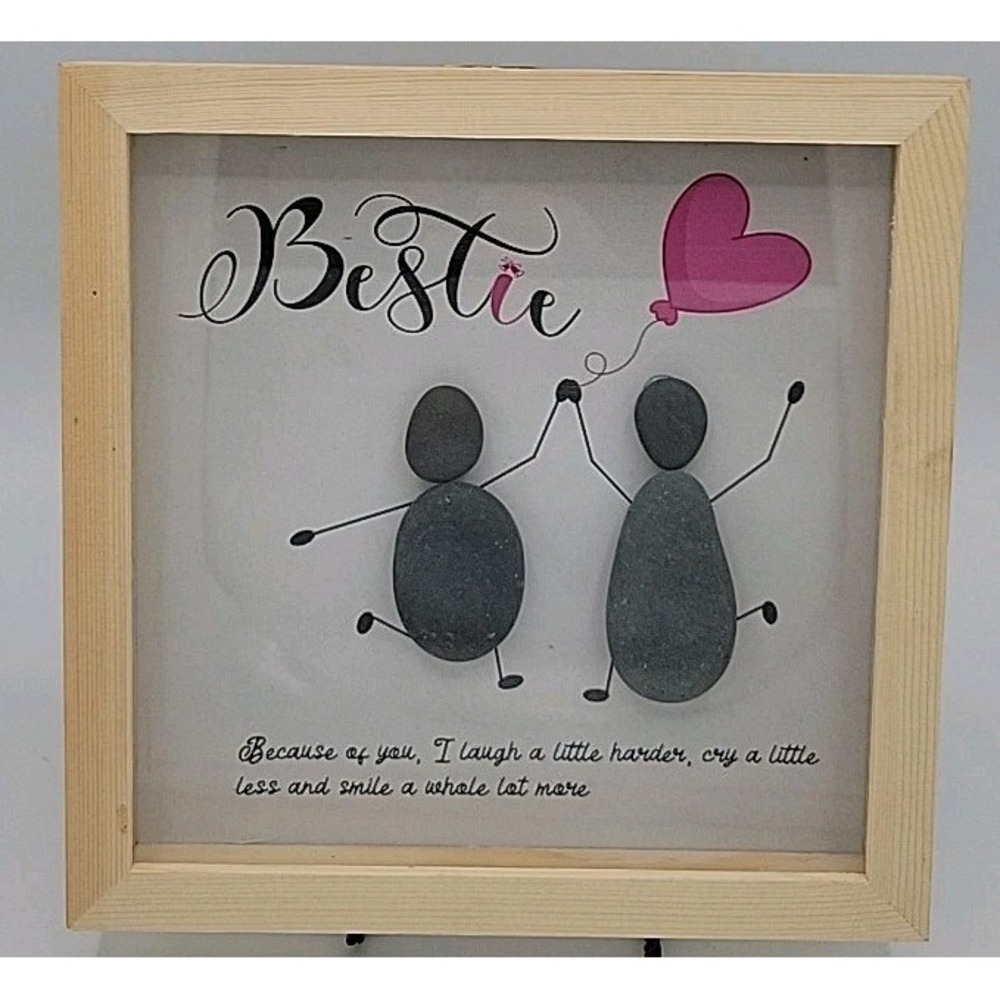 Bestie Friend Pebble Art Handcrafted 3D Rock Picture Friendship 8"x 8"